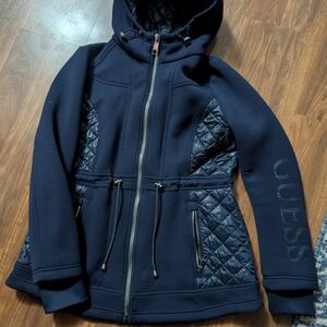 Guess Quilted Panel Hoodie Jacket in Navy